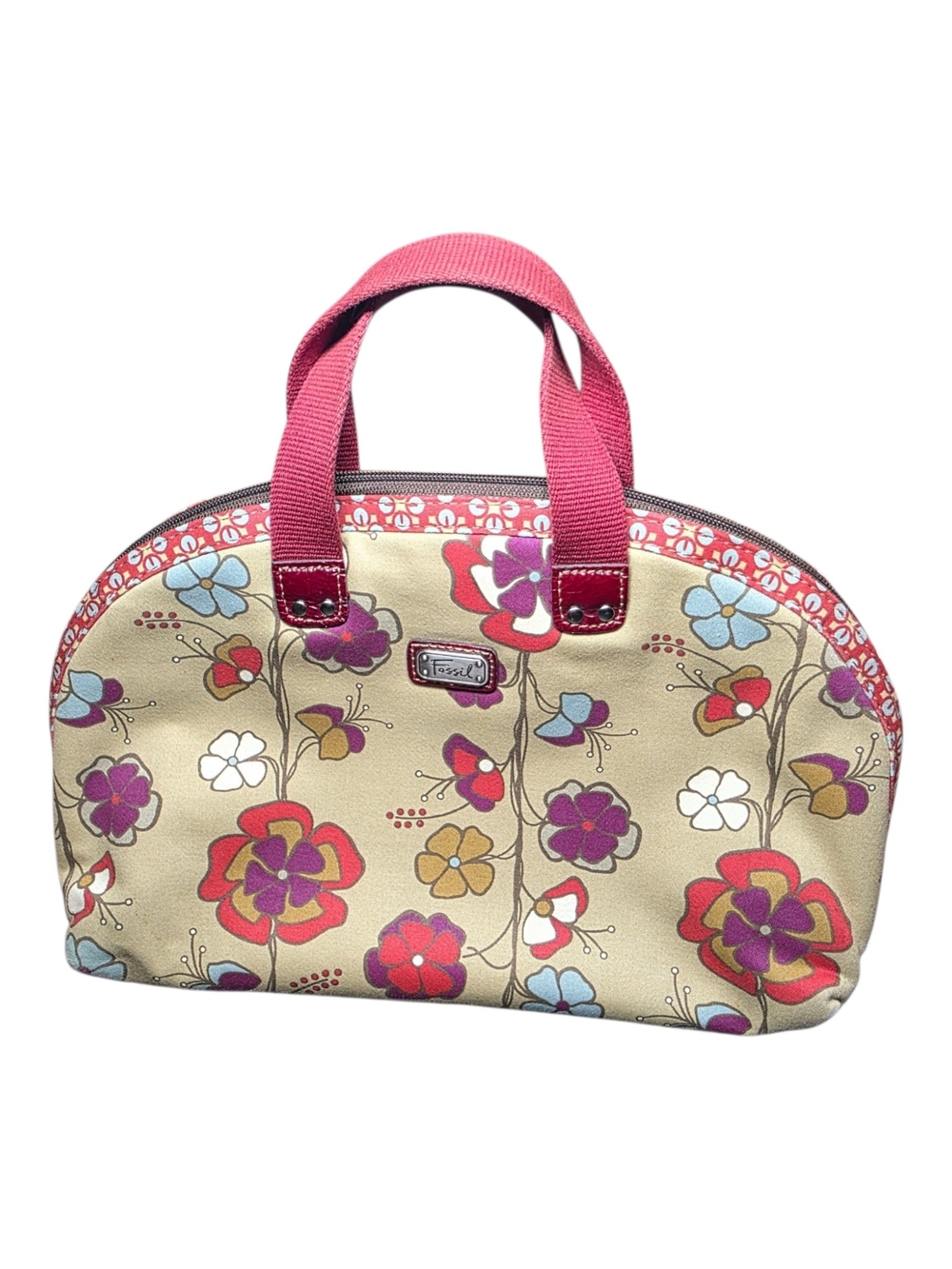 Fossil Key Per Floral Coated Canvas Dome Satchel Handbag Cosmetic Bag EUC